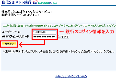 住信SBIネット銀行のログイン画面