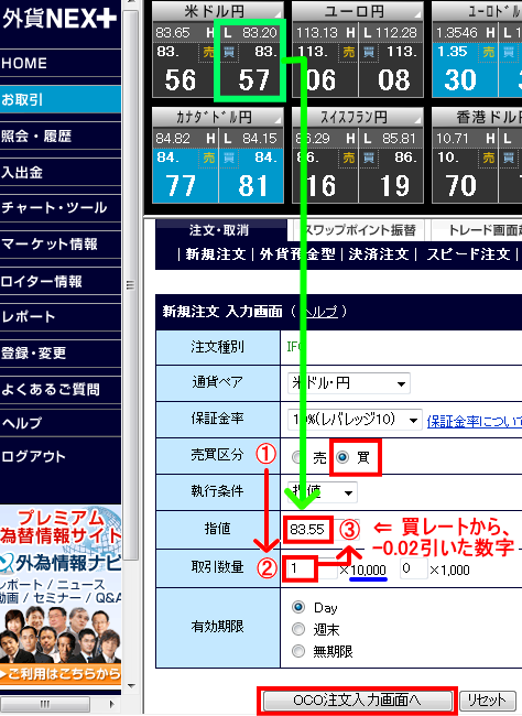 IFOの新規注文 入力画面