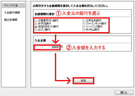 クイック入金の手続き画面|外為どっとコム・FXステージ