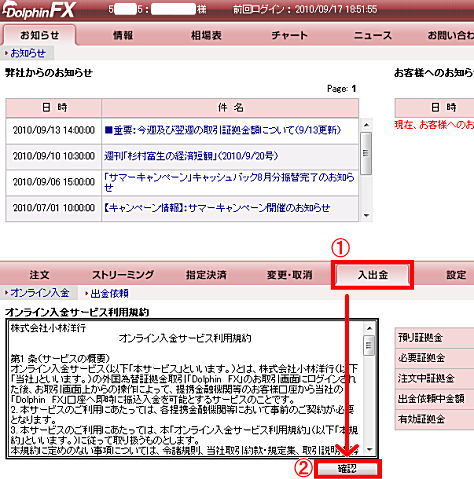 小林洋行ドルフィンFXに、入金を行う