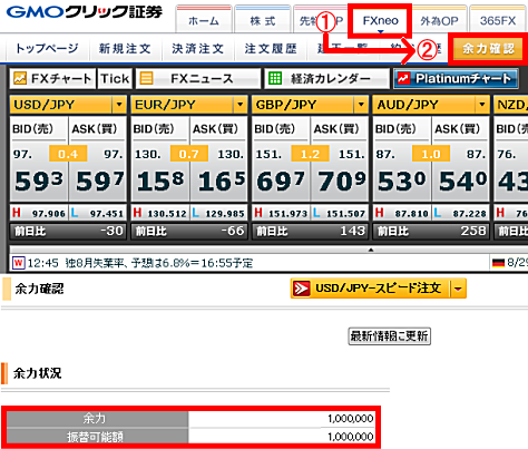 【FX】→【余力確認】へと移動し、振替えた金額がFX口座に反映されていることを確認します。