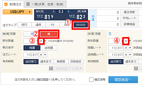 GMOクリック証券のIFO新規注文画面