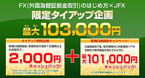 JFX×FXのはじめ方 限定タイアップキャンペーン 最大103,000円(タイアップ特別企画2,000円+新規口座開設キャンペーン最大101,000円キャッシュバック)