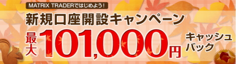 JFXのFX口座「MATRIX TRADER」新規口座開設キャンペーン 最大101,000円キャッシュバック
