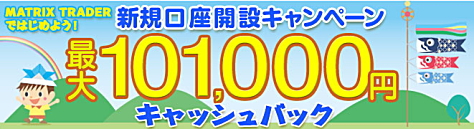 JFXのFX口座「MATRIX TRADER」新規口座開設キャンペーン 最大101,000円キャッシュバック