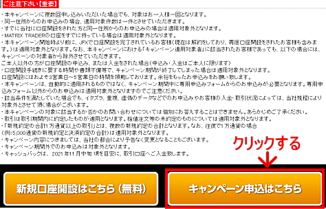 JFXタイアップキャンペーンの参加エントリー申込画面 注意事項