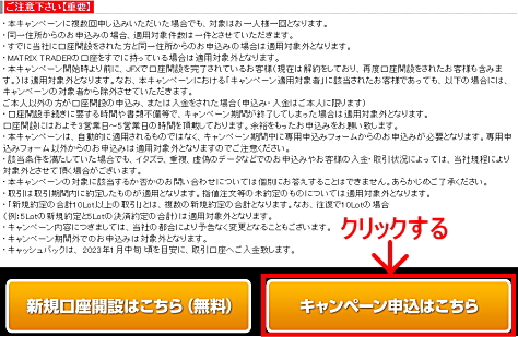 JFXタイアップキャンペーンの参加エントリー申込画面 注意事項