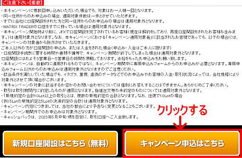 JFXタイアップキャンペーンの参加エントリー申込画面 注意事項