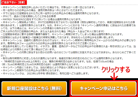 JFXタイアップキャンペーンの参加エントリー申込画面 注意事項