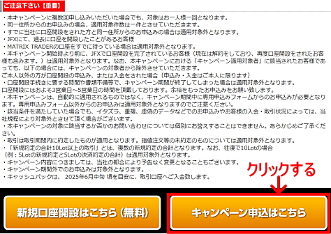 JFXタイアップキャンペーンの参加エントリー申込画面 注意事項