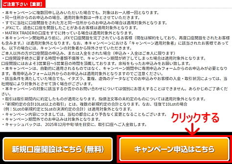 JFXタイアップキャンペーンの参加エントリー申込画面 注意事項