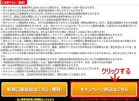 JFXタイアップキャンペーンの参加エントリー申込画面 注意事項