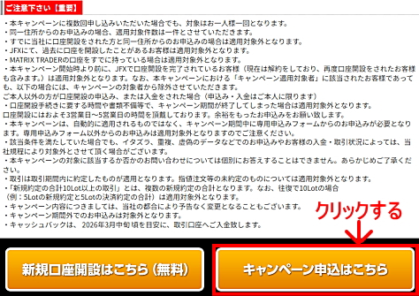 JFXタイアップキャンペーンの参加エントリー申込画面 注意事項